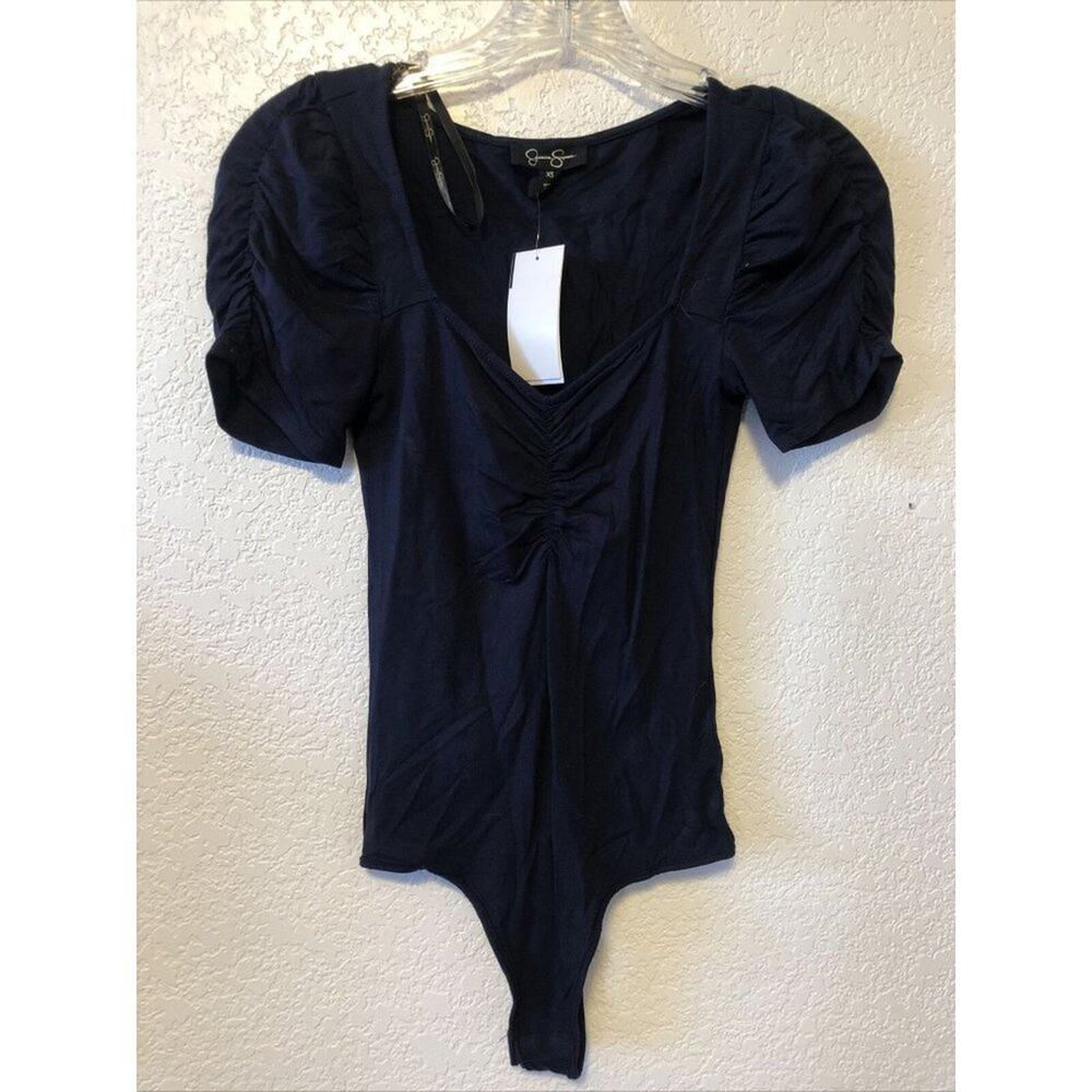 NWT Jessica Simpson Puff Sleeved Thong Bodysuit Black V-neck Sexy Layer Sz XS